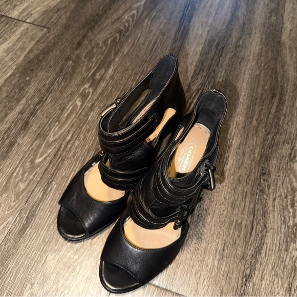 Coach Women’s Size 7 Black Leather Strappy Peep Toe High Heel Sandals - Picture 1 of 8